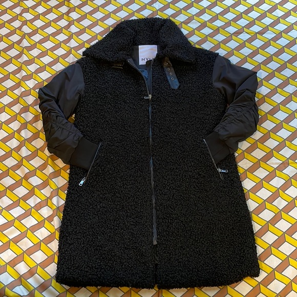 Womens NVLT Berber Fleece Black MidLength Zip Up Coat Large Fashion Buckle Neck - Picture 2 of 15